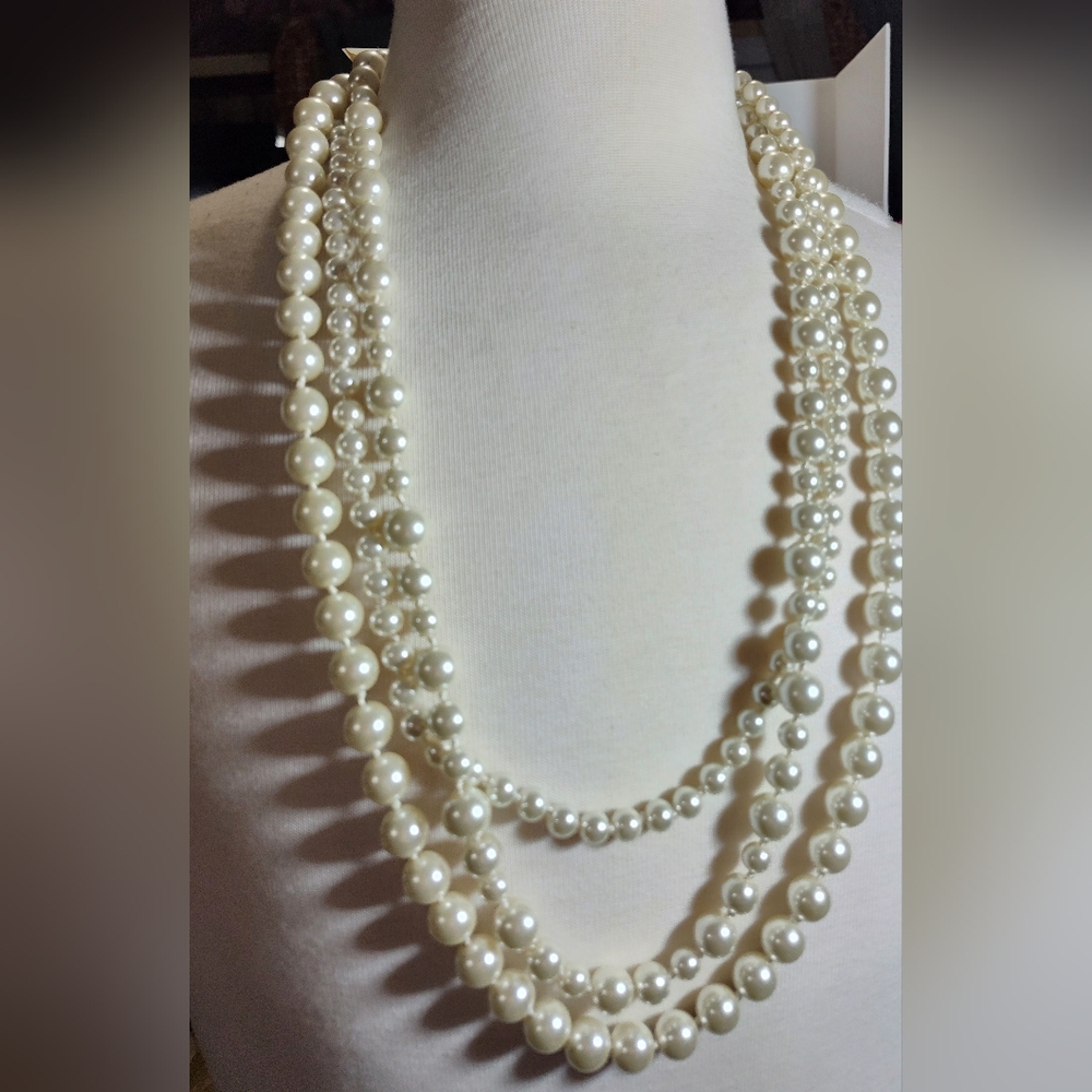Ruby Rd White Pearl Necklace 3 Layered Strands Knotted Nwot